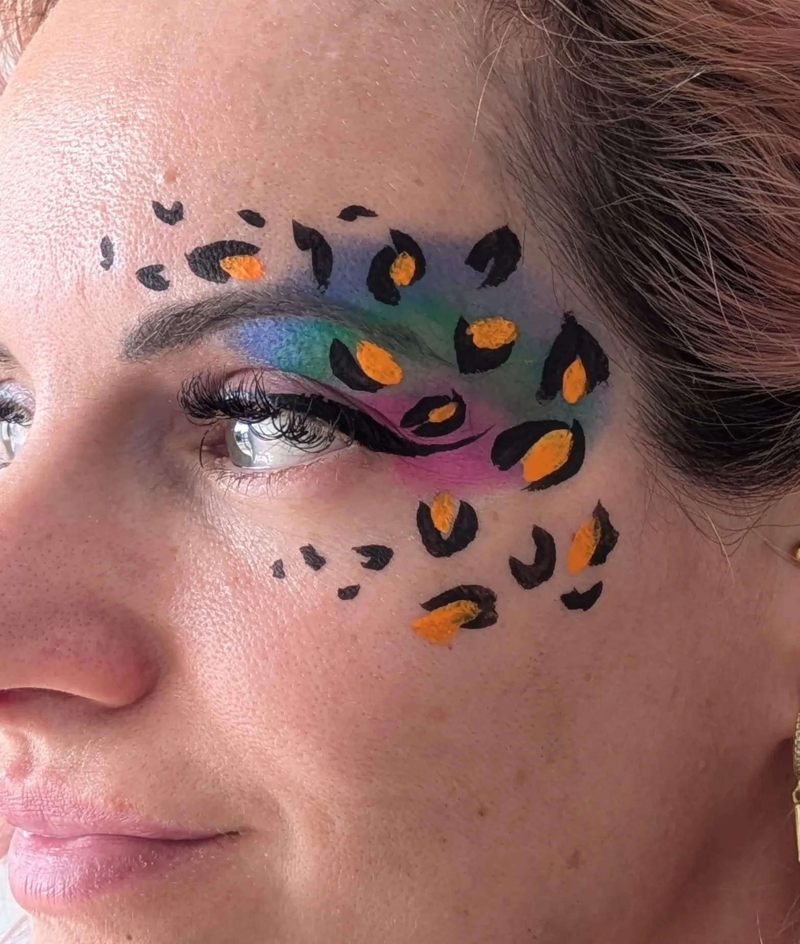 Maquillage artistique multicolore &agrave; motif l&eacute;opard autour de l&rsquo;&oelig;il